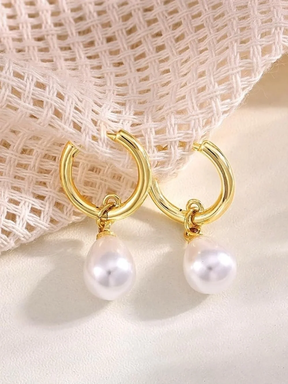 14K Gold Plated Huggie Earrings with White Pearl Drop